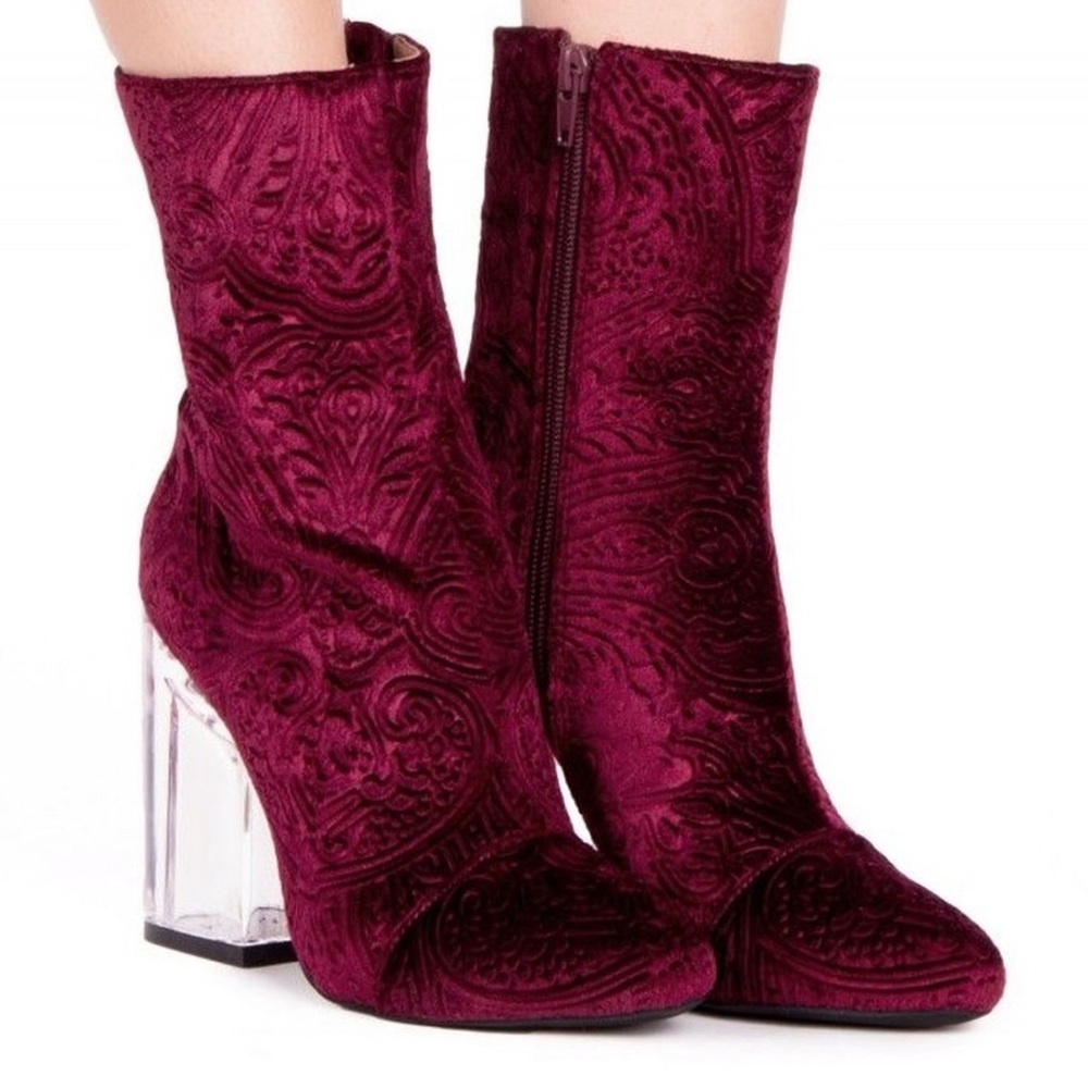 Burgundy Velvet Jeffrey Campbell Dior-like Clear Heel Ankle Boots